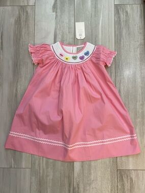 NWT Lil Cactus Pink Cotton Candy Hearts Embroidered Smocked Bishop Dress girl 4T
